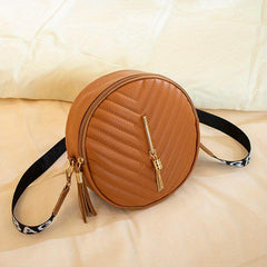 Chevron Quilted Round Bag Crossbody Purse with Tassel