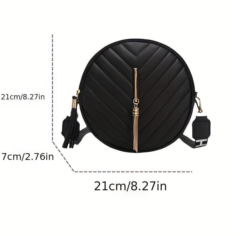 Chevron Quilted Round Bag Crossbody Purse with Tassel