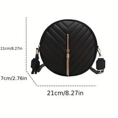 Chevron Quilted Round Bag Crossbody Purse with Tassel
