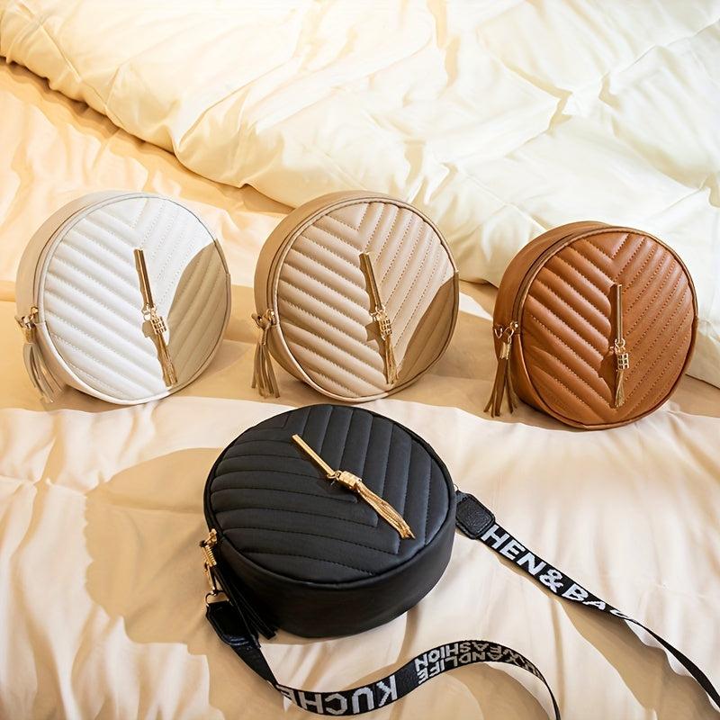 Chevron Quilted Round Bag Crossbody Purse with Tassel