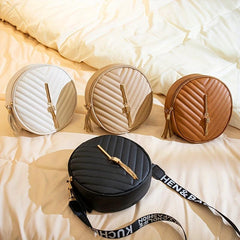 Chevron Quilted Round Bag Crossbody Purse with Tassel