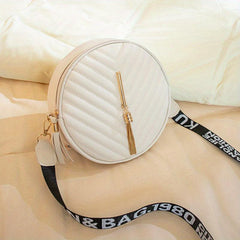 Chevron Quilted Round Bag Crossbody Purse with Tassel