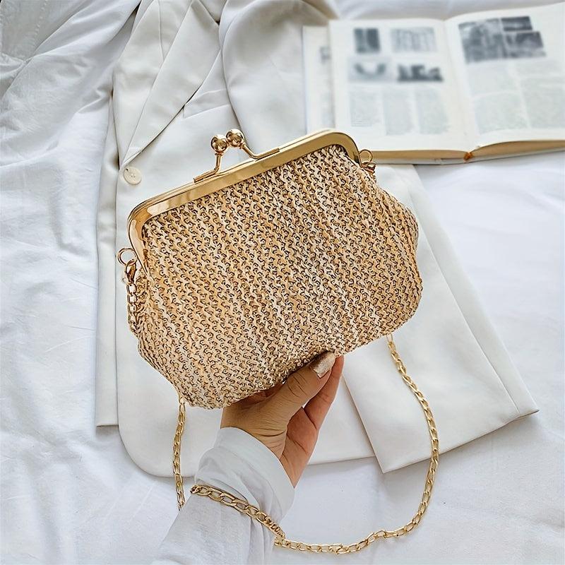 Stylish Crossbody Frame Bag Chain Straw Shoulder Bag Clutch Purse