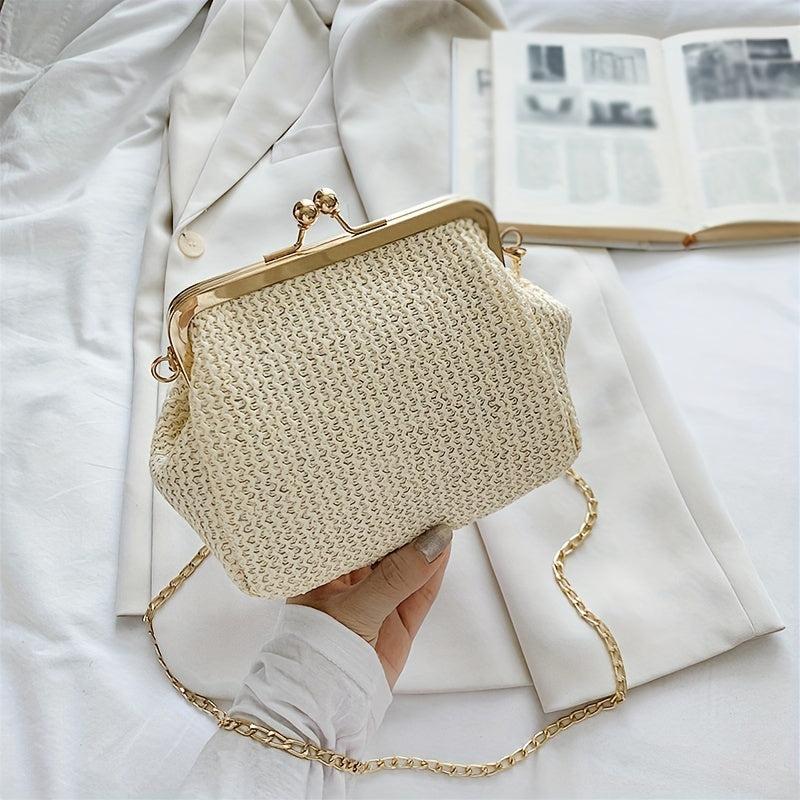 Stylish Crossbody Frame Bag Chain Straw Shoulder Bag Clutch Purse