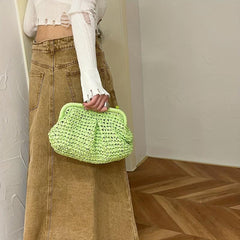 Summer Straw Bag For Women Cloud Ruched Crossbody Purse Boho Style