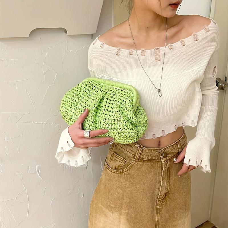 Summer Straw Bag For Women Cloud Ruched Crossbody Purse Boho Style