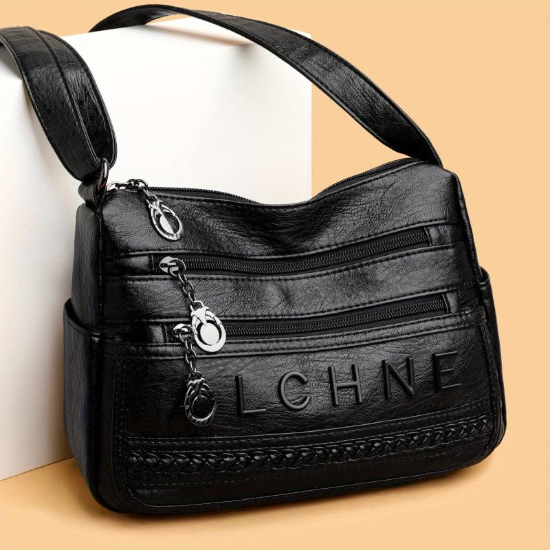 Letter Pattern Shoulder Bag Zipper Faux Leather Crossbody Bag
