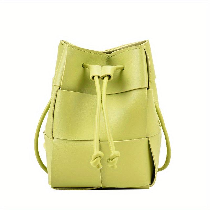 Solid Bucket Bag PU Woven Crossbody Bag Drawstring Handbag