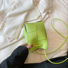 Solid Bucket Bag PU Woven Crossbody Bag Drawstring Handbag