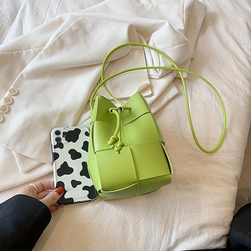 Solid Bucket Bag PU Woven Crossbody Bag Drawstring Handbag