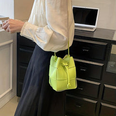 Solid Bucket Bag PU Woven Crossbody Bag Drawstring Handbag
