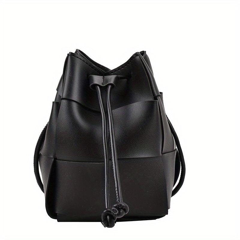 Solid Bucket Bag PU Woven Crossbody Bag Drawstring Handbag