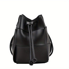 Solid Bucket Bag PU Woven Crossbody Bag Drawstring Handbag