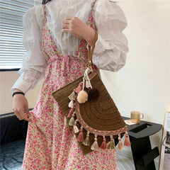Ethnic Straw Woven Crossbody Bag with Tassel Decor