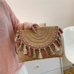 Ethnic Straw Woven Crossbody Bag with Tassel Decor