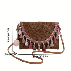 Ethnic Straw Woven Crossbody Bag with Tassel Decor