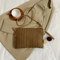 Ethnic Straw Woven Crossbody Bag with Tassel Decor