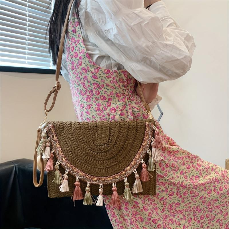 Ethnic Straw Woven Crossbody Bag with Tassel Decor