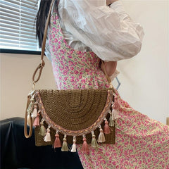 Ethnic Straw Woven Crossbody Bag with Tassel Decor