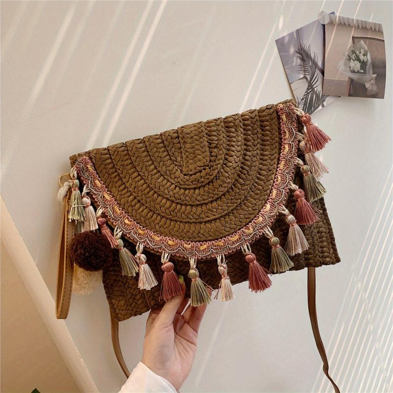 Ethnic Straw Woven Crossbody Bag with Tassel Decor