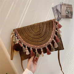 Ethnic Straw Woven Crossbody Bag with Tassel Decor