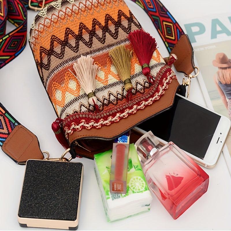 Boho Tassel Zip Crossbody Bag Vacation Shoulder Purse