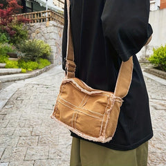 Vintage Canvas Crossbody Bag with Raw Trim - Small Messenger Bag