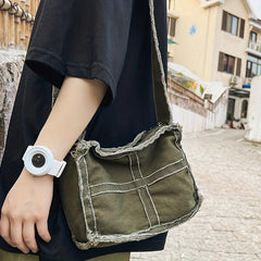 Vintage Canvas Crossbody Bag with Raw Trim - Small Messenger Bag