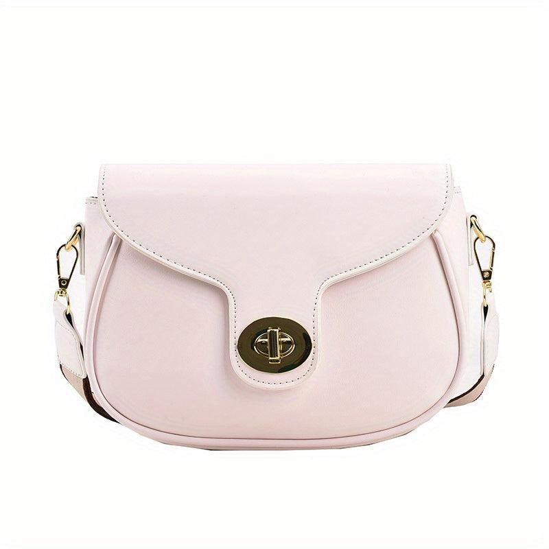 Solid Crossbody Bag Flap Purse Turn Lock Shoulder Bag Wide Strap