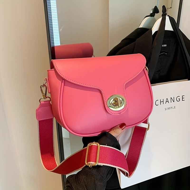 Solid Crossbody Bag Flap Purse Turn Lock Shoulder Bag Wide Strap