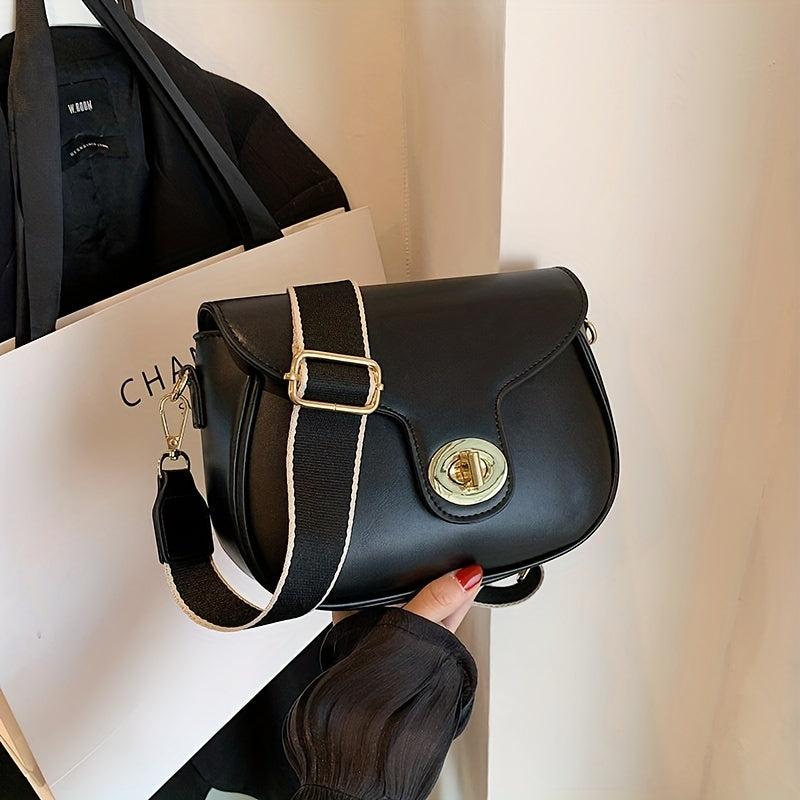 Solid Crossbody Bag Flap Purse Turn Lock Shoulder Bag Wide Strap