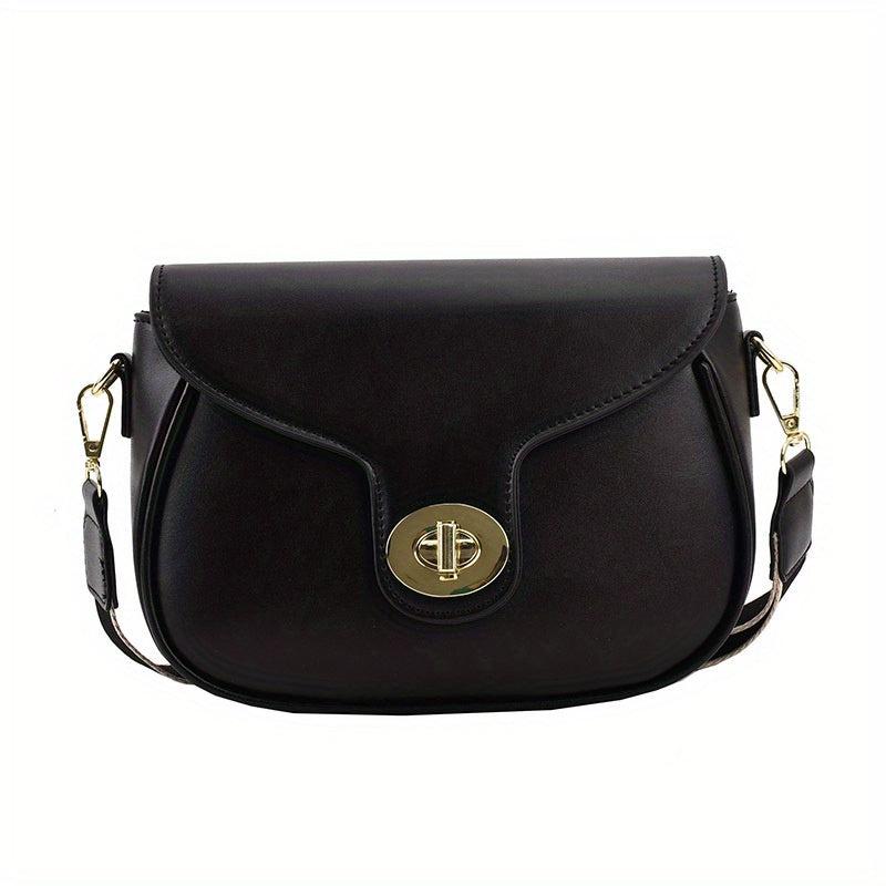Solid Crossbody Bag Flap Purse Turn Lock Shoulder Bag Wide Strap