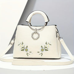 Flower Embroidery Tote Bag PU Crossbody Satchel Purse