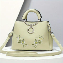 Flower Embroidery Tote Bag PU Crossbody Satchel Purse