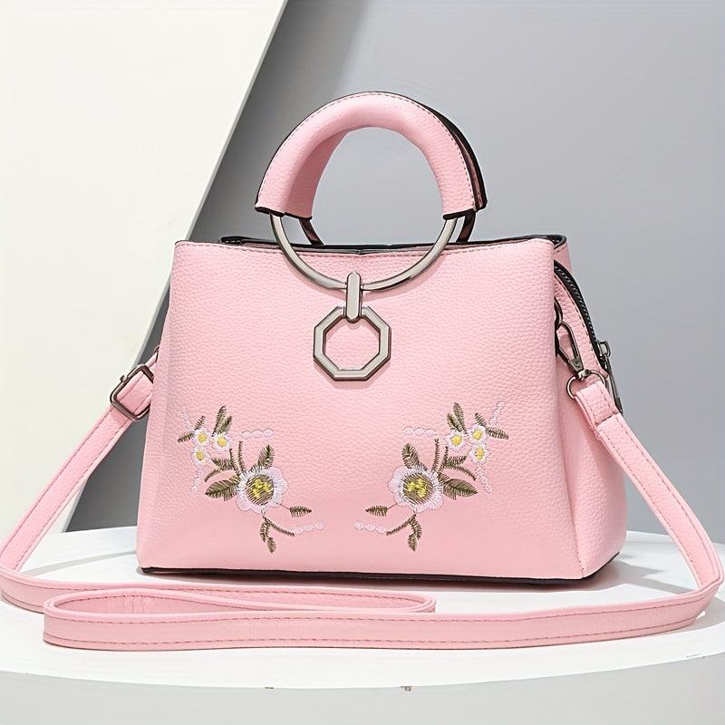 Flower Embroidery Tote Bag PU Crossbody Satchel Purse