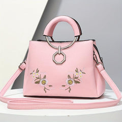 Flower Embroidery Tote Bag PU Crossbody Satchel Purse