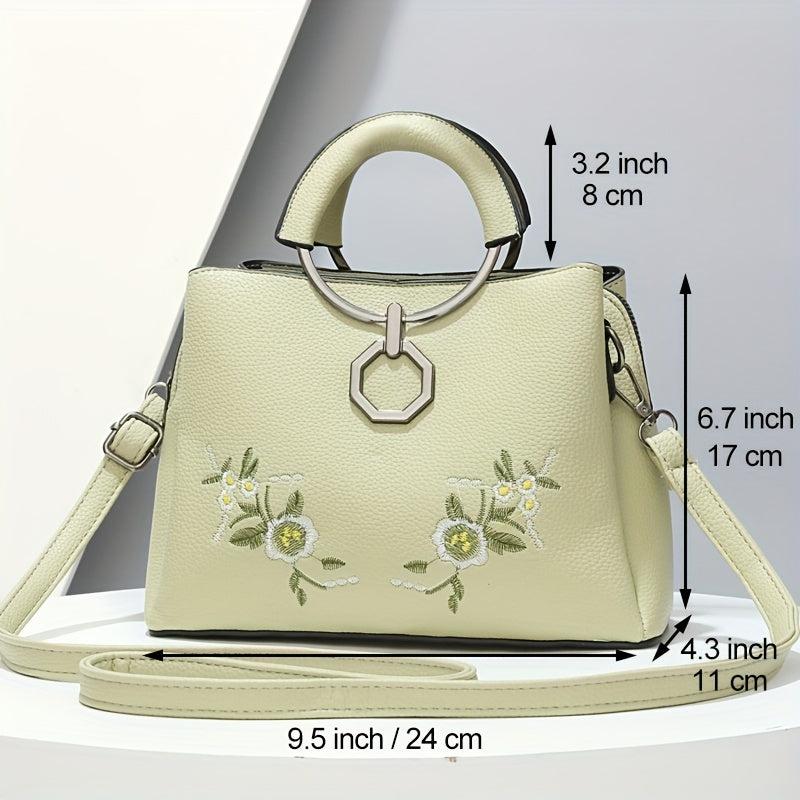 Flower Embroidery Tote Bag PU Crossbody Satchel Purse