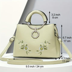 Flower Embroidery Tote Bag PU Crossbody Satchel Purse