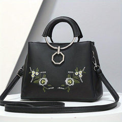 Flower Embroidery Tote Bag PU Crossbody Satchel Purse