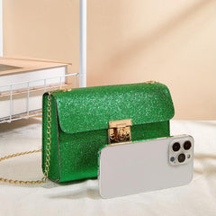 Glitter Metal Chain Crossbody Bag PU Leather Textured Bag