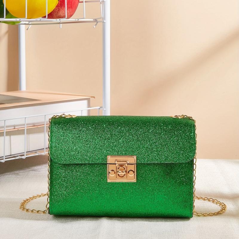 Glitter Metal Chain Crossbody Bag PU Leather Textured Bag