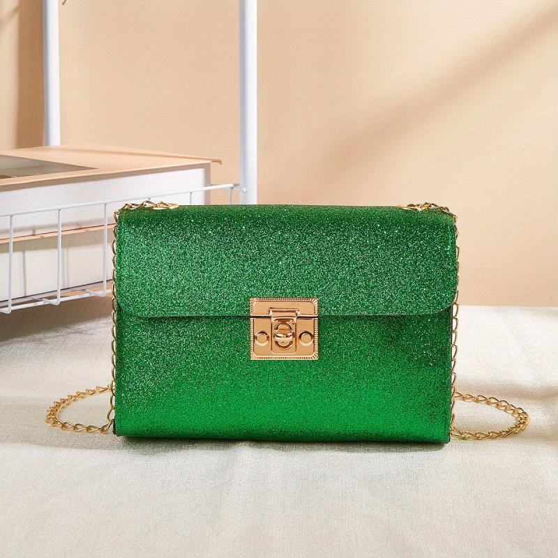 Glitter Metal Chain Crossbody Bag PU Leather Textured Bag