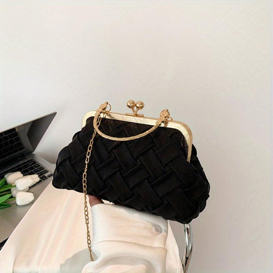 Woven Chain Crossbody Bag Kiss Lock Purses Top Ring Clutch