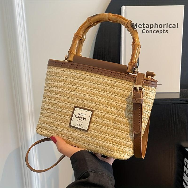 Woven Crossbody Bag Bamboo Handle Boho Handbag for Beach Travel