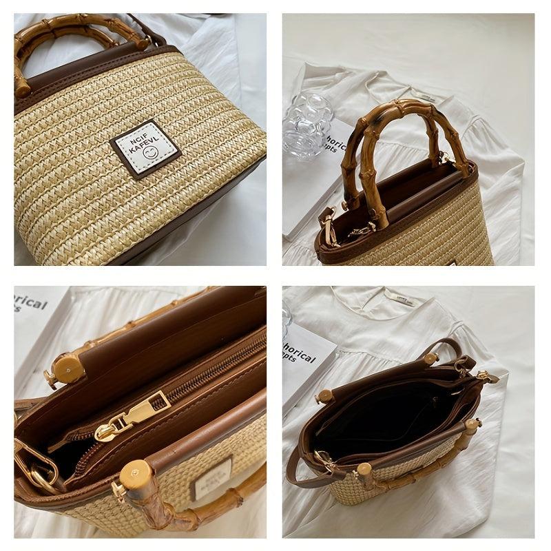 Woven Crossbody Bag Bamboo Handle Boho Handbag for Beach Travel