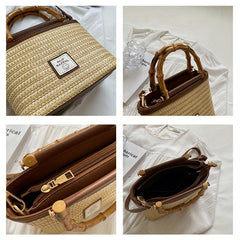 Woven Crossbody Bag Bamboo Handle Boho Handbag for Beach Travel