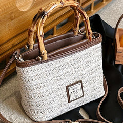 Woven Crossbody Bag Bamboo Handle Boho Handbag for Beach Travel