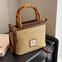 Woven Crossbody Bag Bamboo Handle Boho Handbag for Beach Travel