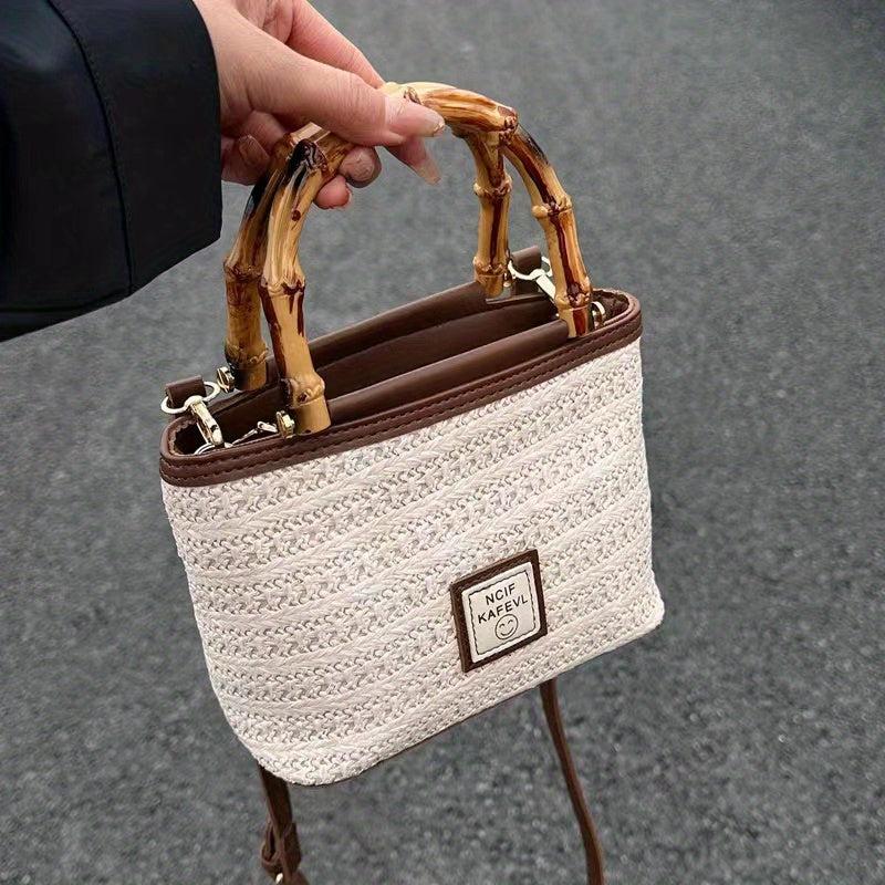 Woven Crossbody Bag Bamboo Handle Boho Handbag for Beach Travel