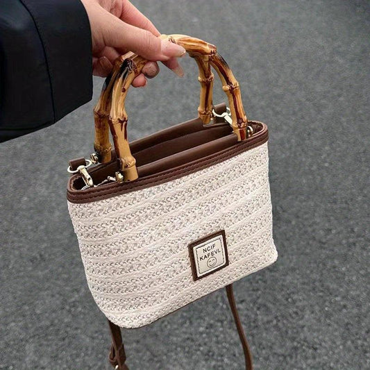Woven Crossbody Bag Bamboo Handle Boho Handbag for Beach Travel